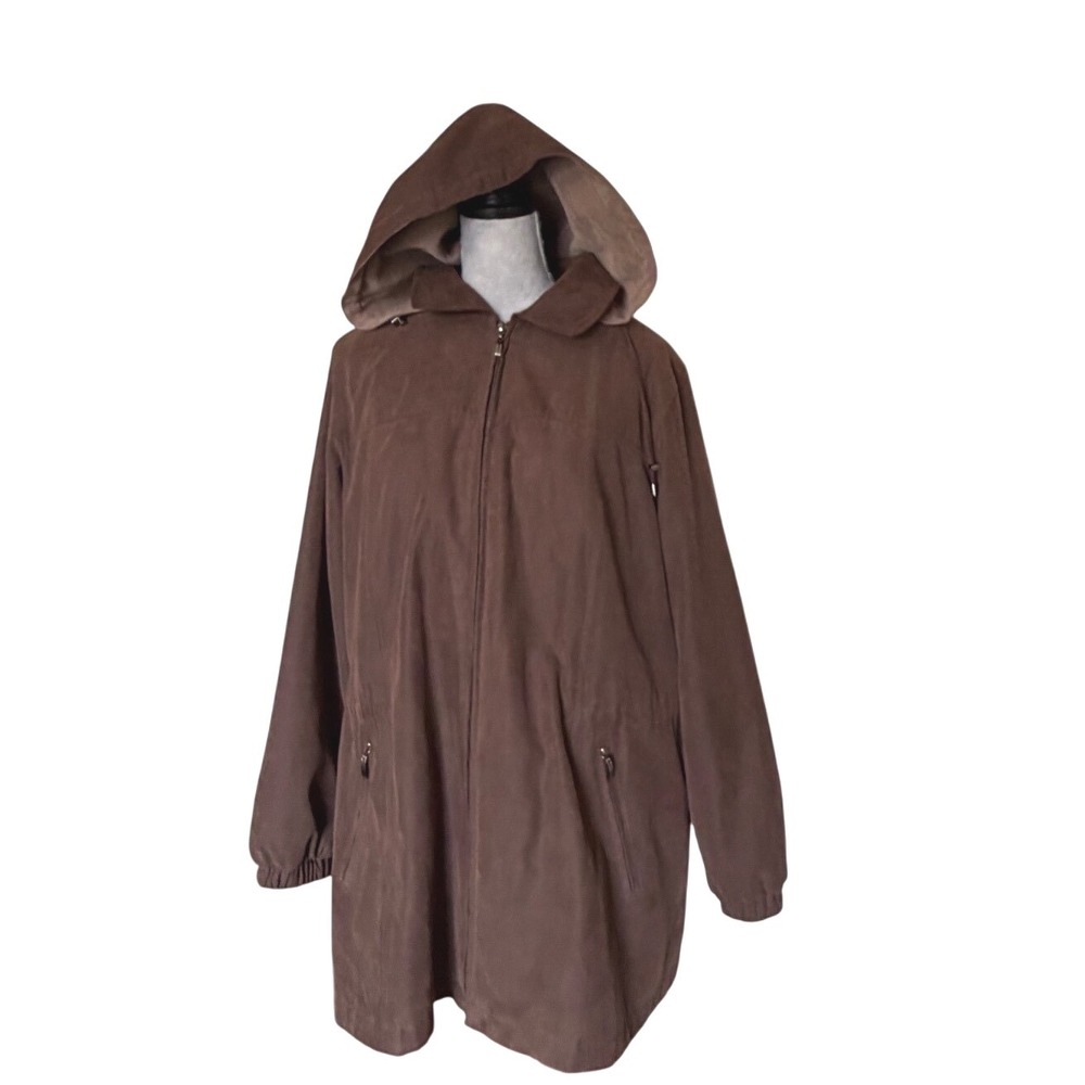 Gallery Woman Brown Faux Suede Hooded Parka Jacket 1X Full Zip Lined Coat